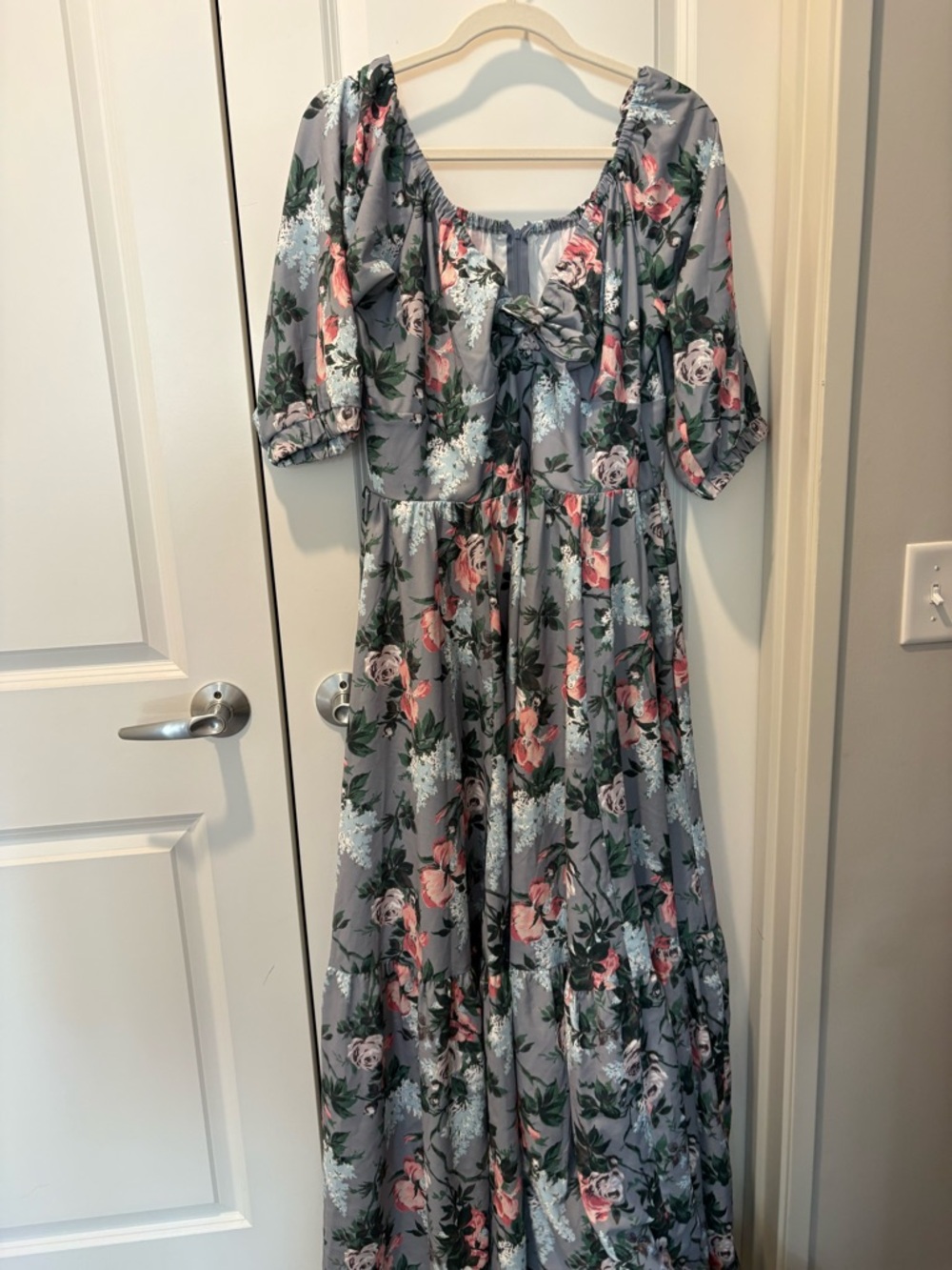 Gray Floral Maxi Dress with Puff Sleeves and Tie Front